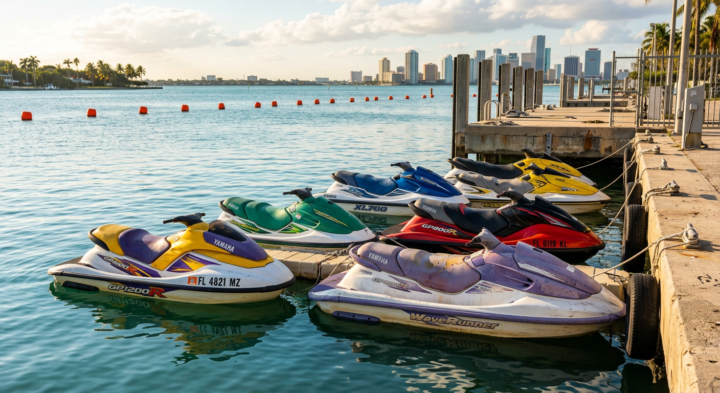 A line of older Yamaha PWCs docked at a concrete marina in Biscayne Bay with orange buoys visible in the distance