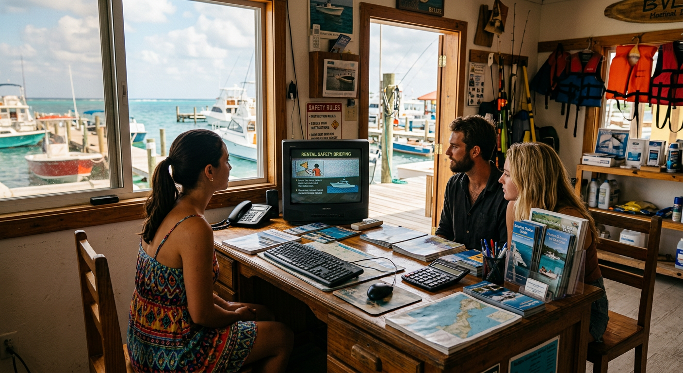Renters watching a dated safety briefing on a small monitor at a marina office desk