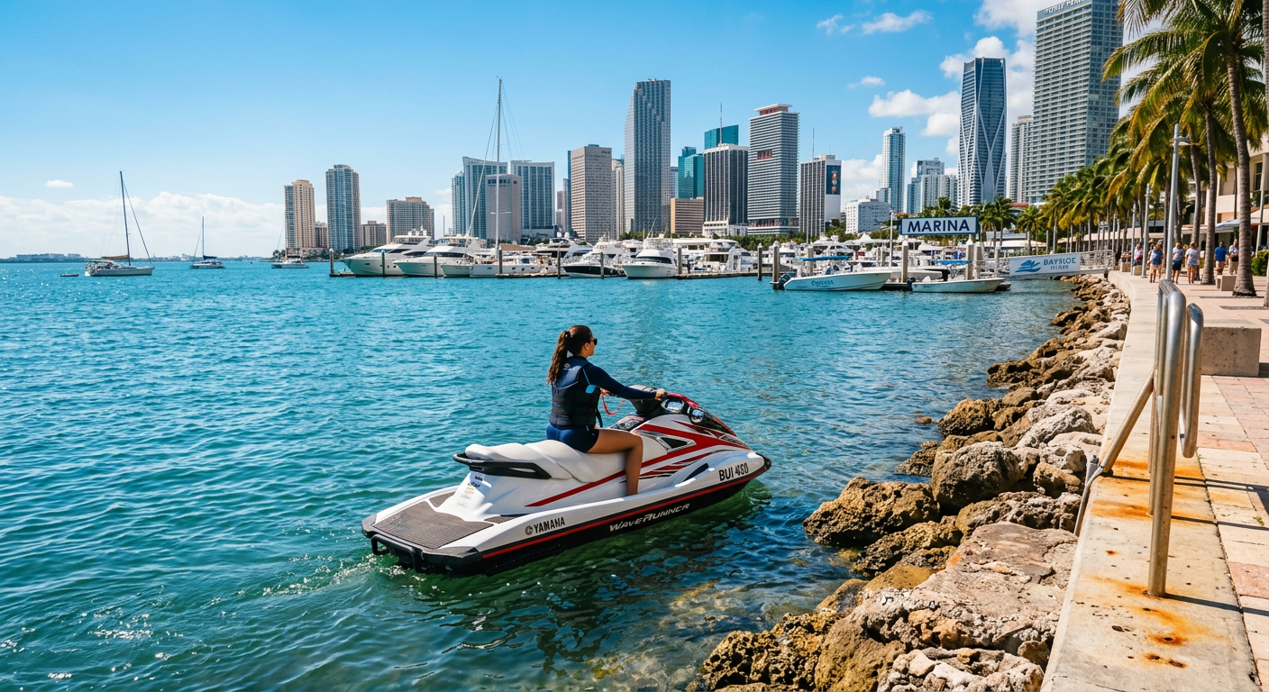 Jet ski idling slowly near the seawall of a Biscayne Bay marina under bright sun