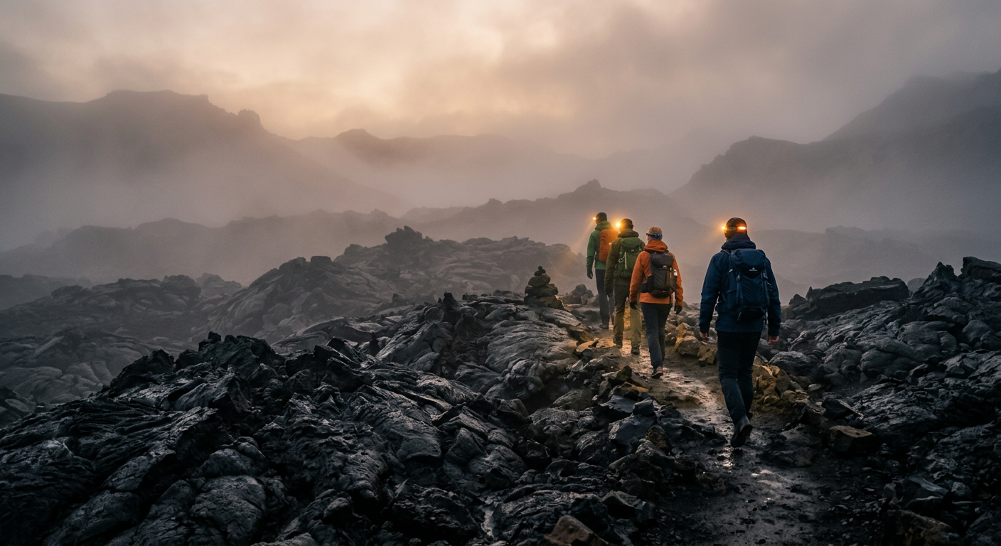 Hikers with headlamps walking on hardened, dark lava rock in foggy conditions