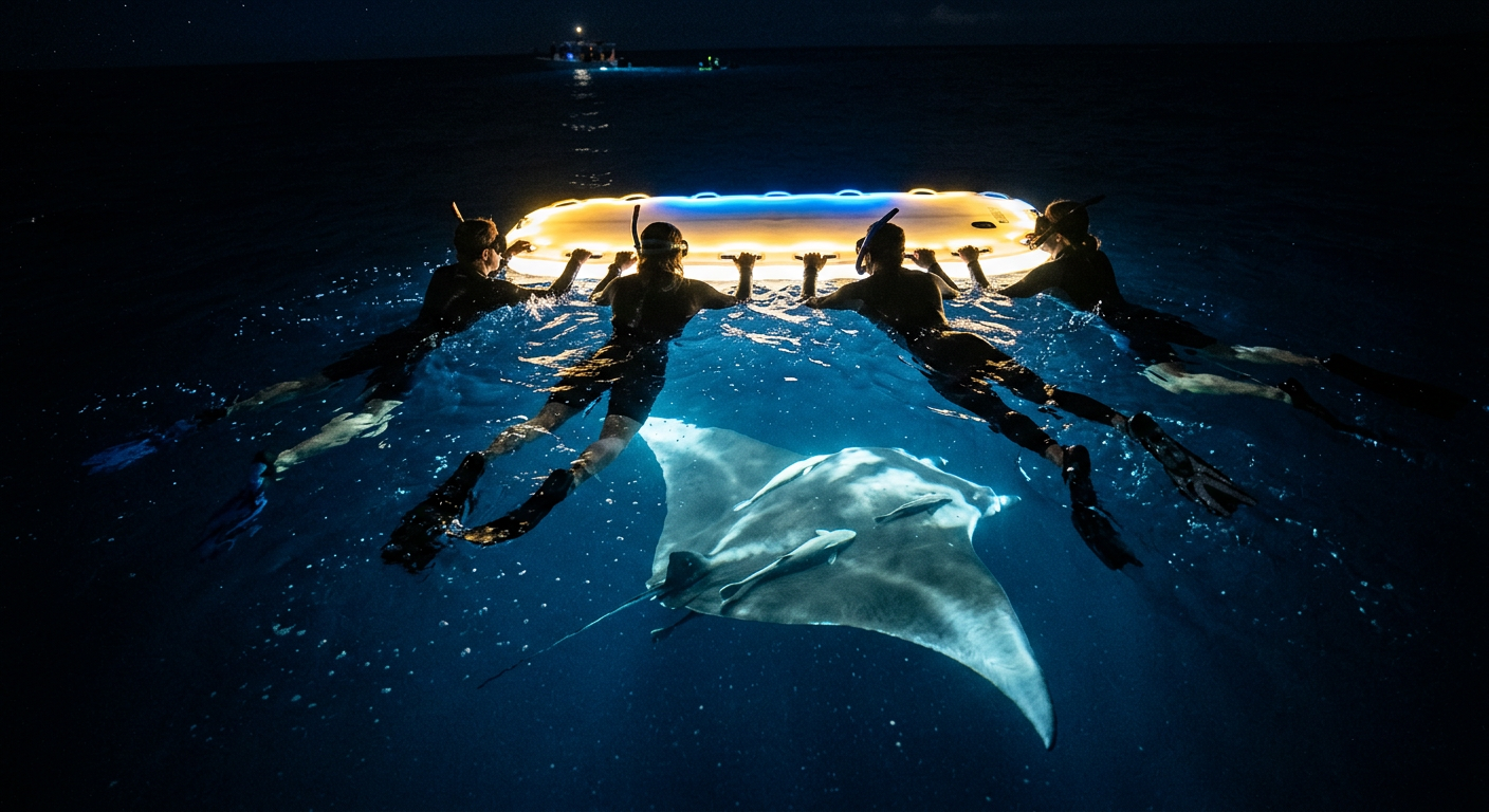 Snorkelers holding onto a lighted float board at night while a large manta ray swims just below them in dark water