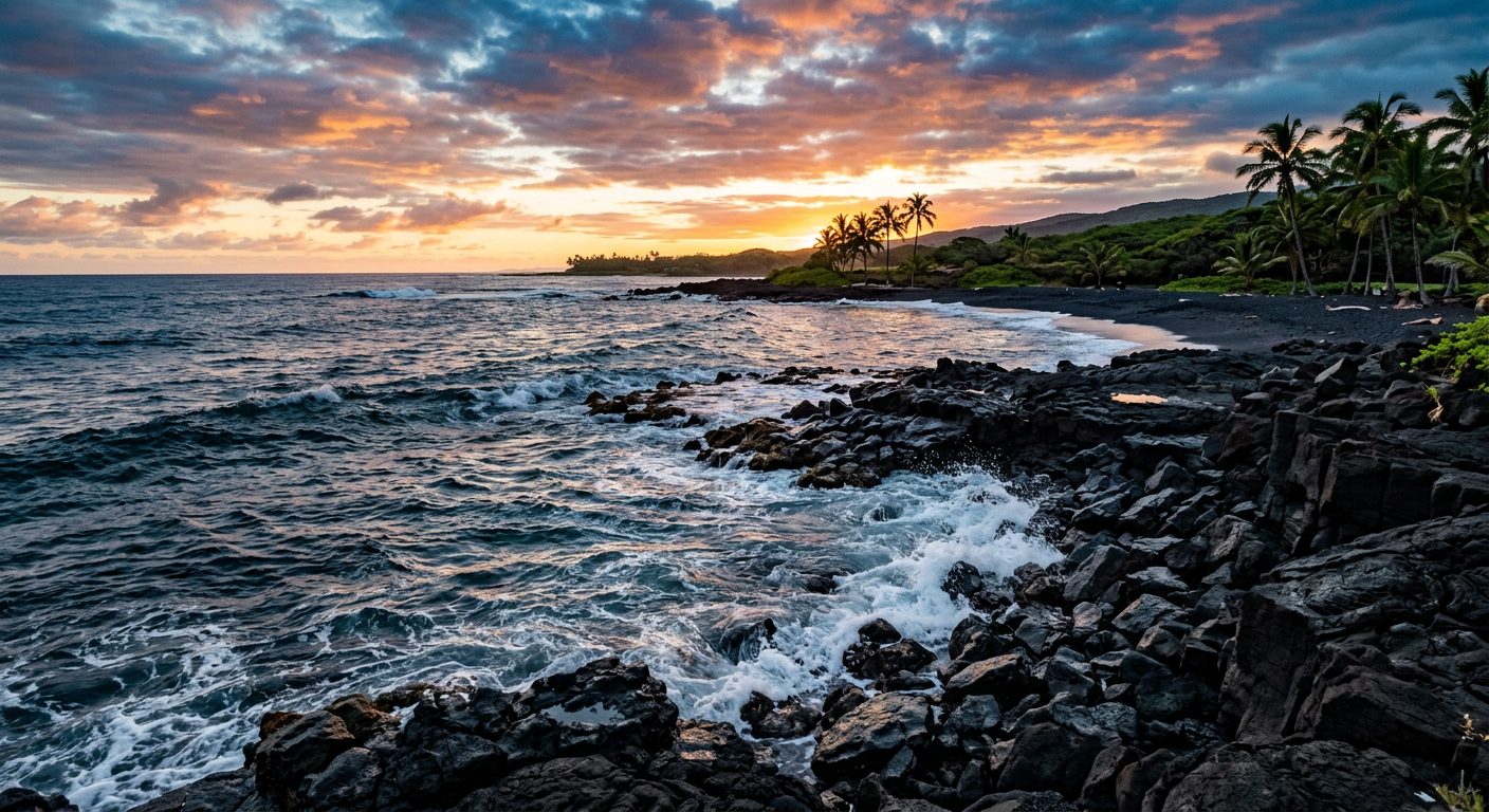 Dark volcanic rocks against the ocean at sunrise in Pu'uhonua o Honaunau