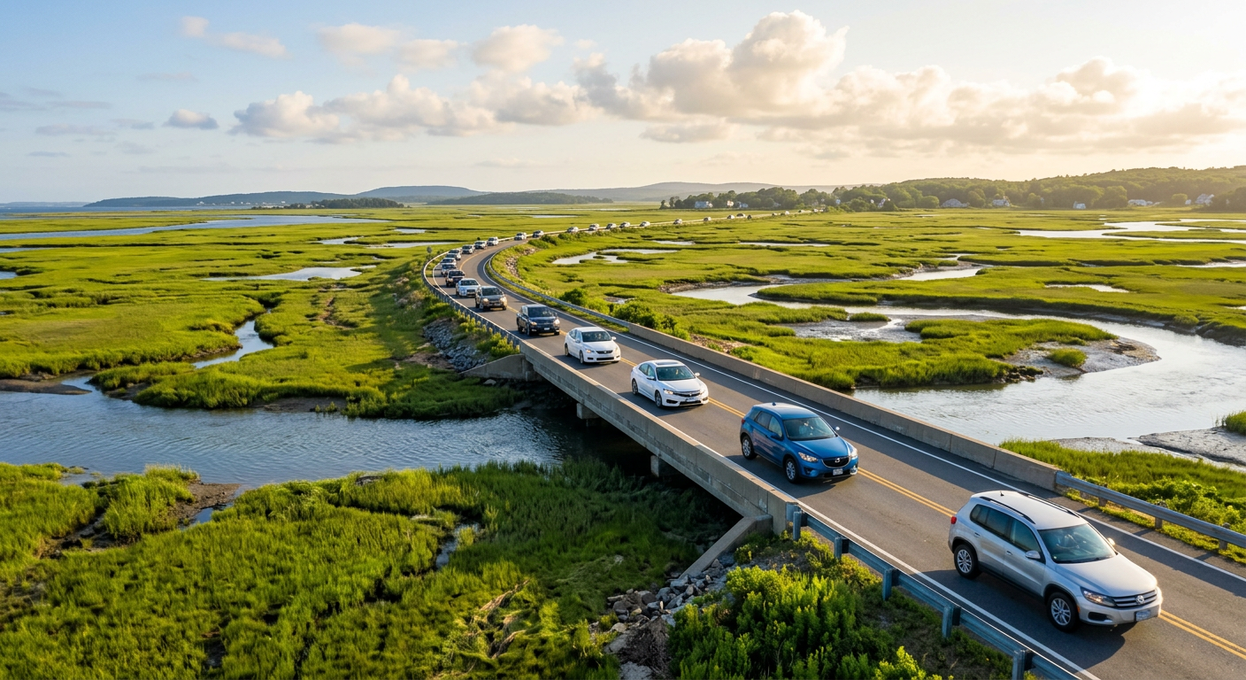 Cars lined up on a two-lane causeway over a green salt marsh under a morning sky