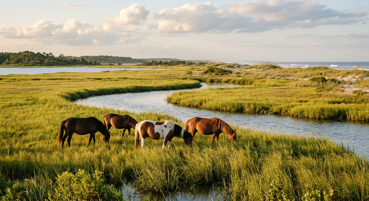 Wild ponies grazing in the tall marsh grass of Assateague Island