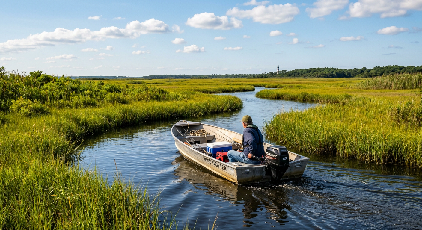 A small aluminum skiff navigating through a narrow, grassy saltwater channel in Chincoteague