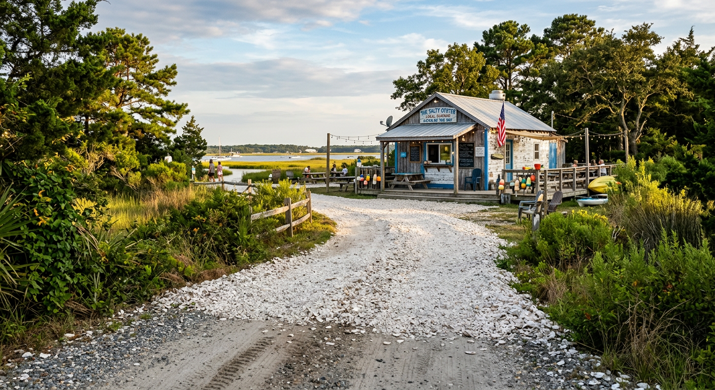 A gravel driveway paved with crushed, white oyster shells leading to a small local seafood shack on Chincoteague Island
