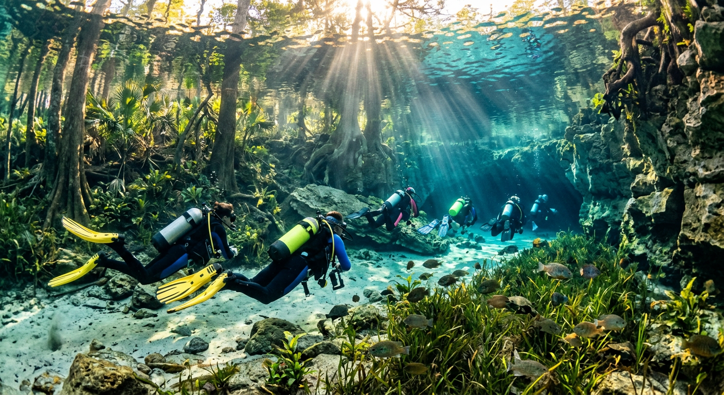 Scuba divers navigating through a heavily populated freshwater spring in Florida