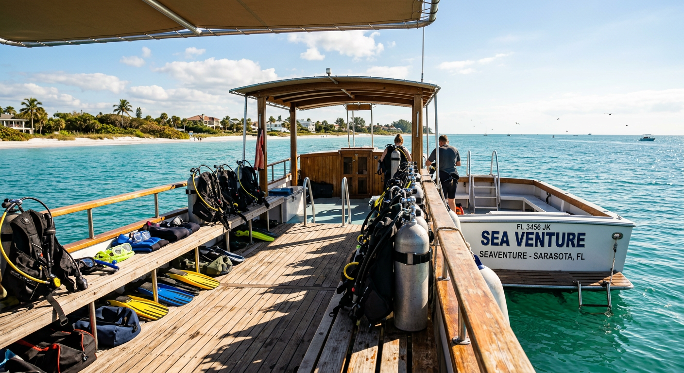 A dive boat anchored off the coast of Nokomis Beach with scuba gear laid out on the deck