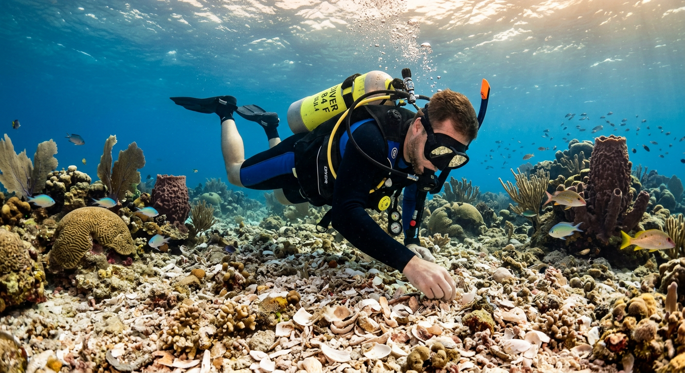 A scuba diver scanning the coarse shell hash on the ocean floor in the Gulf of Mexico