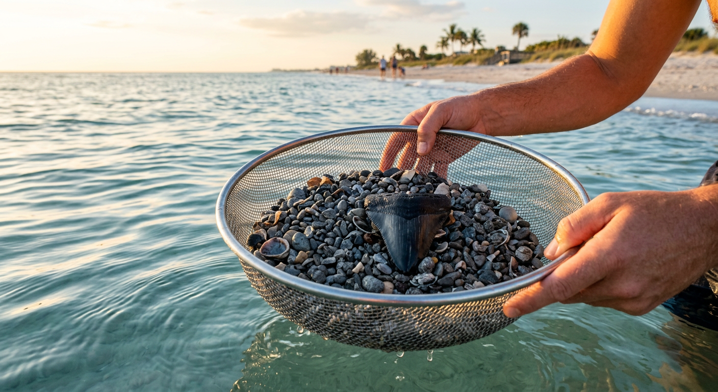 A floating metal sifter filled with grey gravel and a distinct black fossilized megalodon tooth resting on top in Nokomis Florida