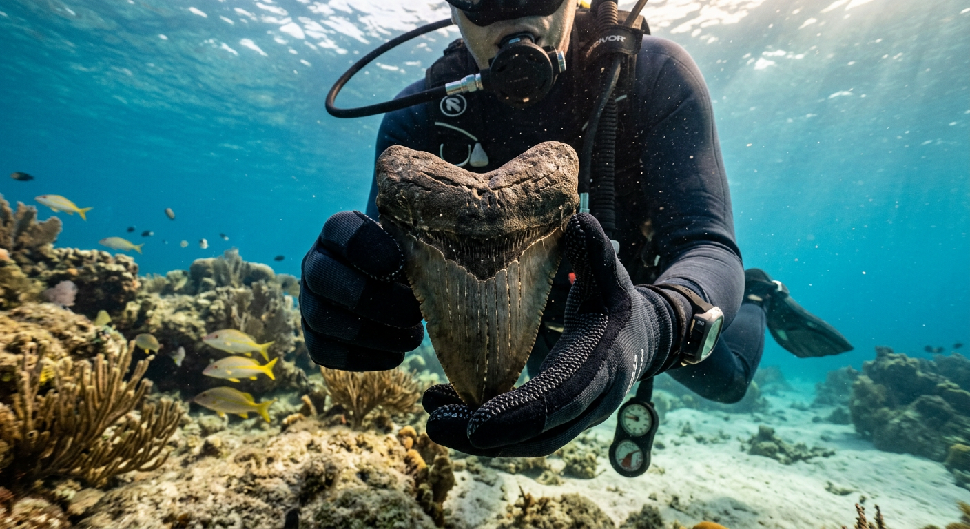A scuba diver wearing thick neoprene gloves holding a large megalodon shark tooth underwater near Nokomis Florida