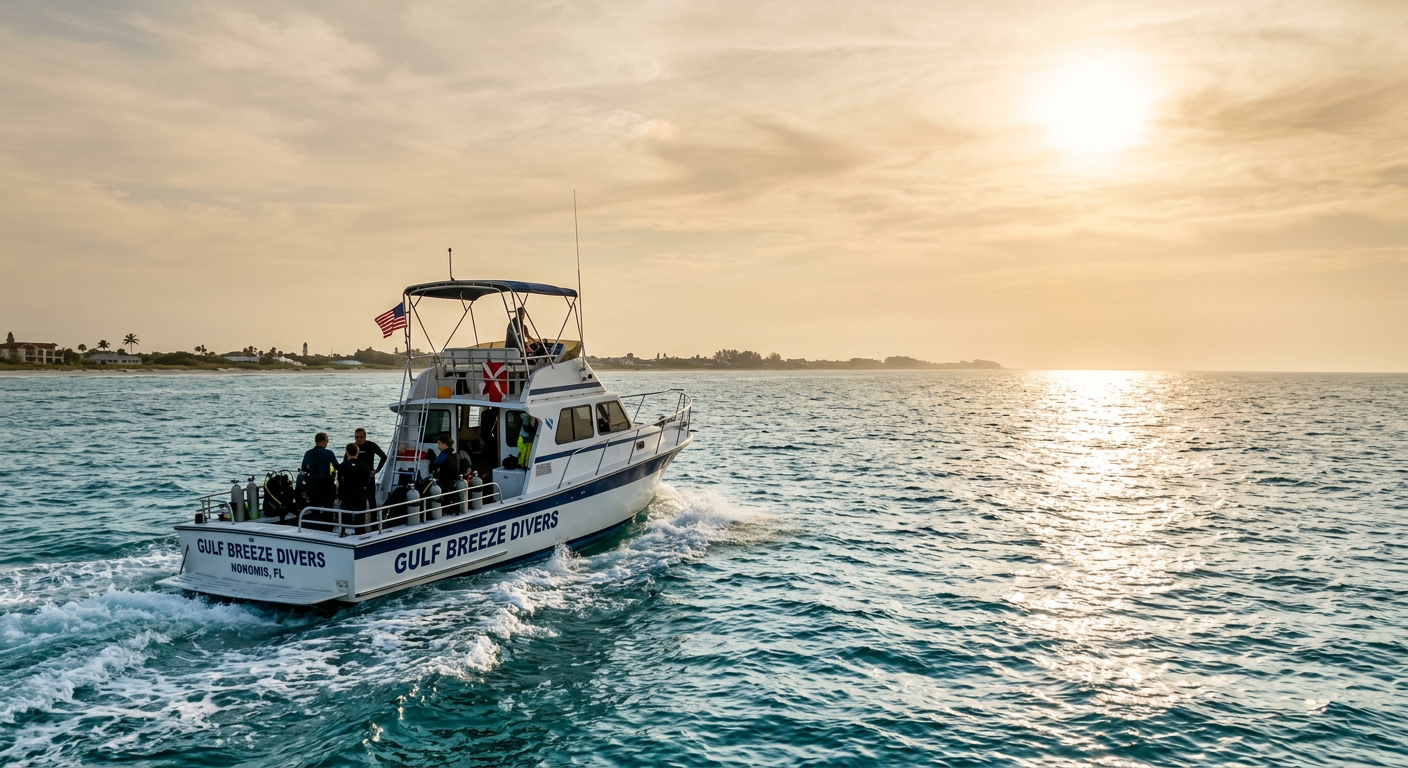 A dive boat heading out into the Gulf of Mexico near Nokomis under a hazy afternoon sun