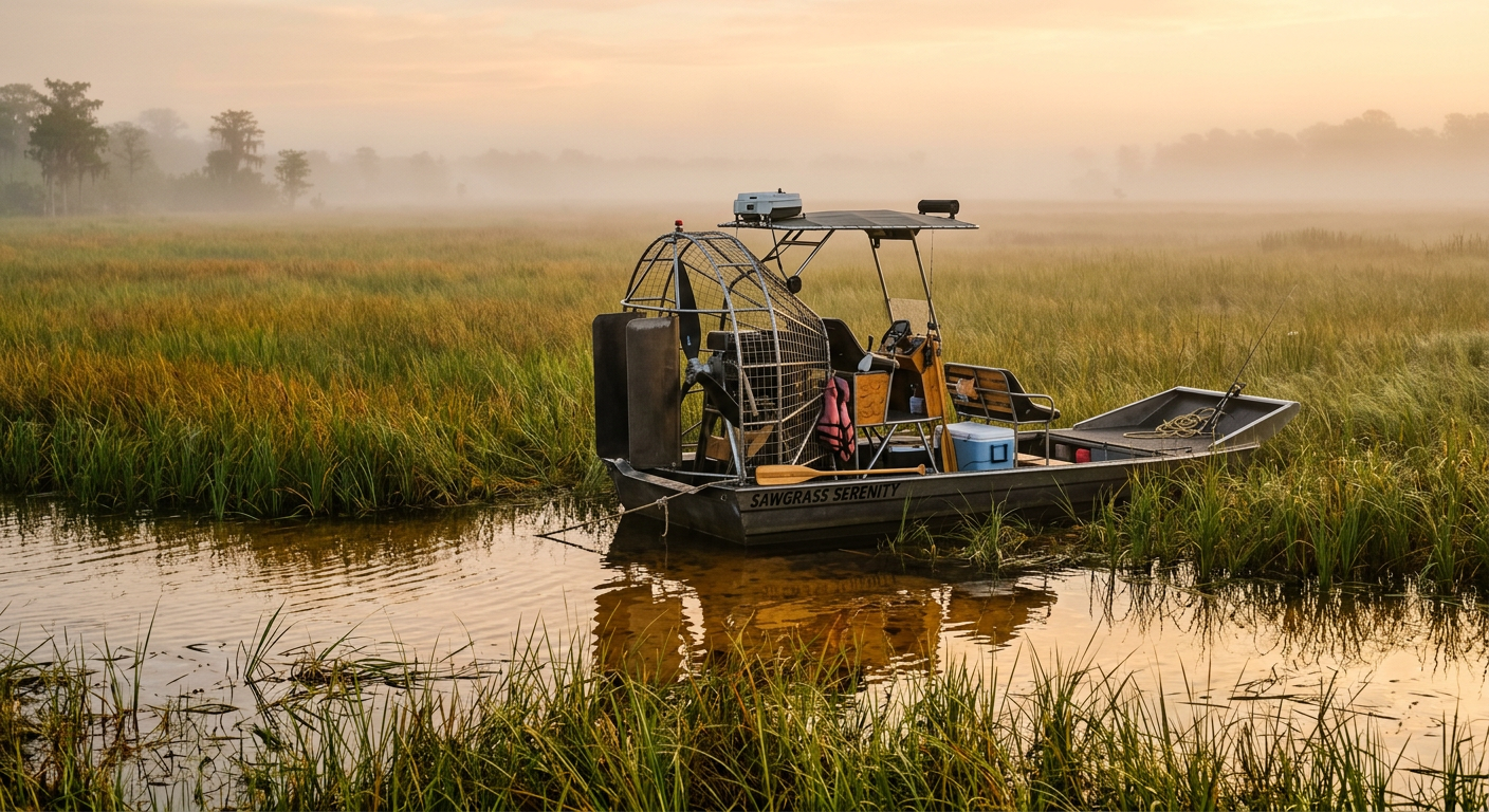 An airboat resting in shallow sawgrass marsh covered in thick morning fog