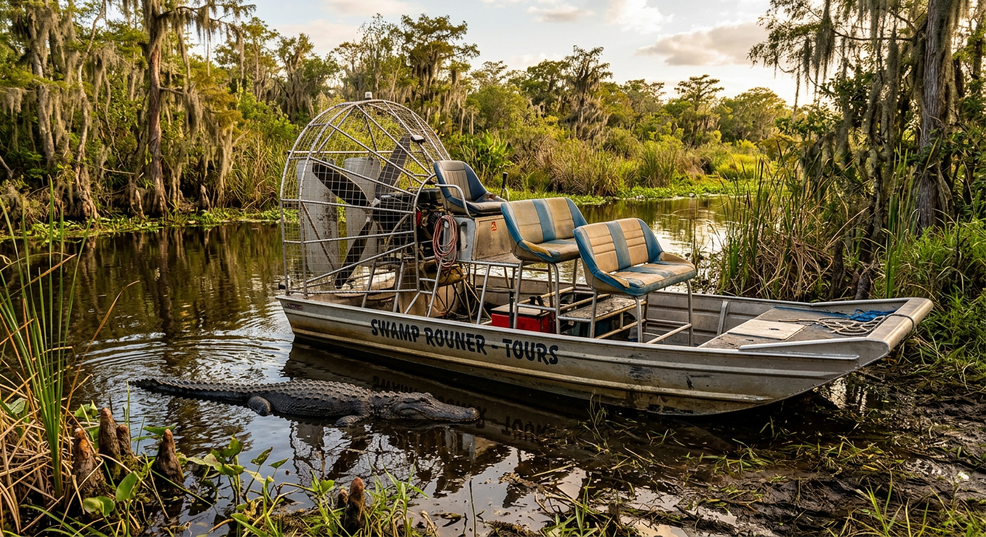 An airboat resting near muddy marshland while a flat log-like alligator floats near the hull
