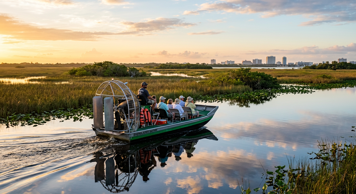 An airboat gliding steadily across mirror-like wet marshlands near Miami Beach in the early morning sunlight