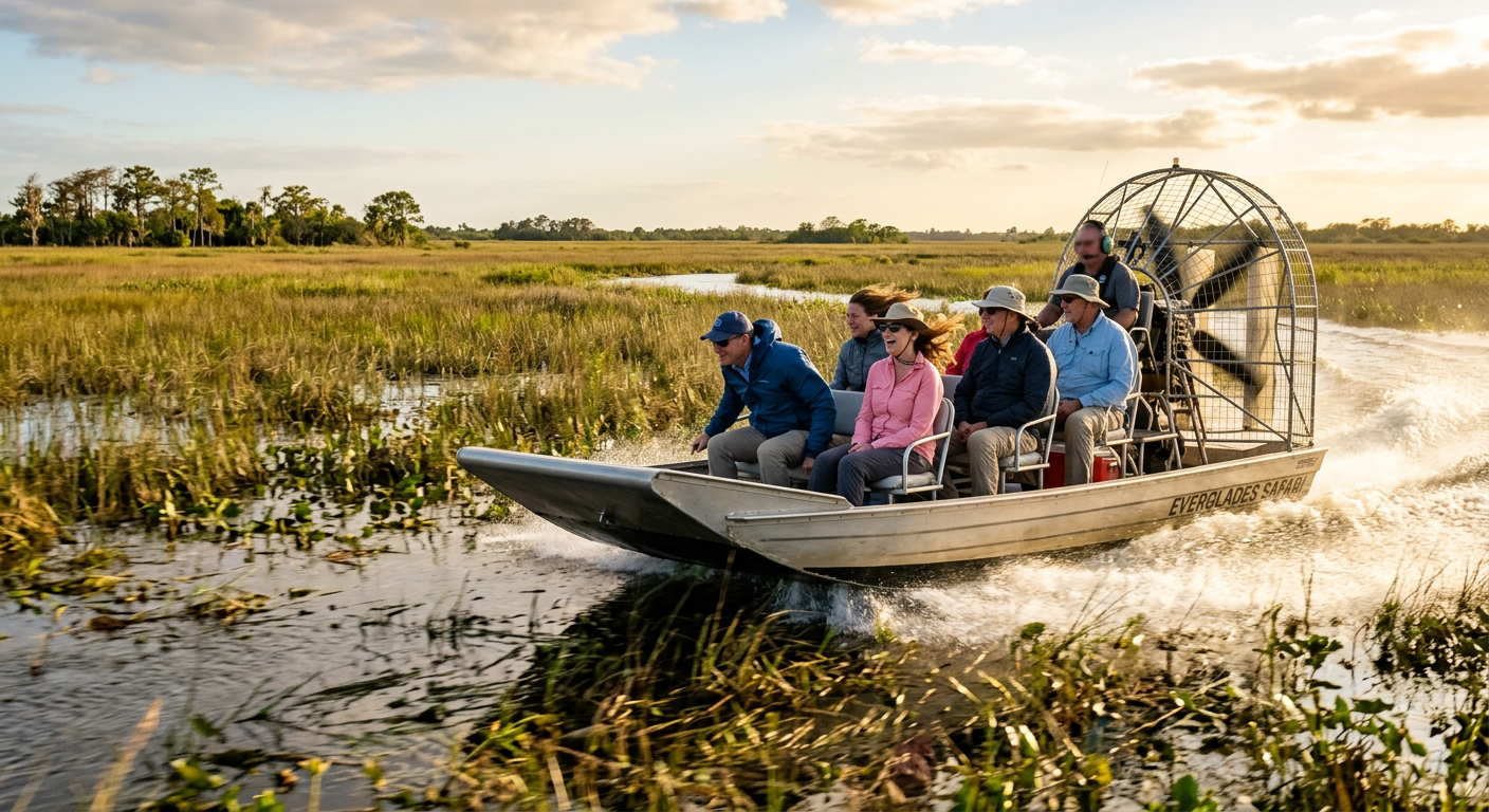 Passengers leaning into the wind on a high-speed fan boat skimming across shallow grassy waters