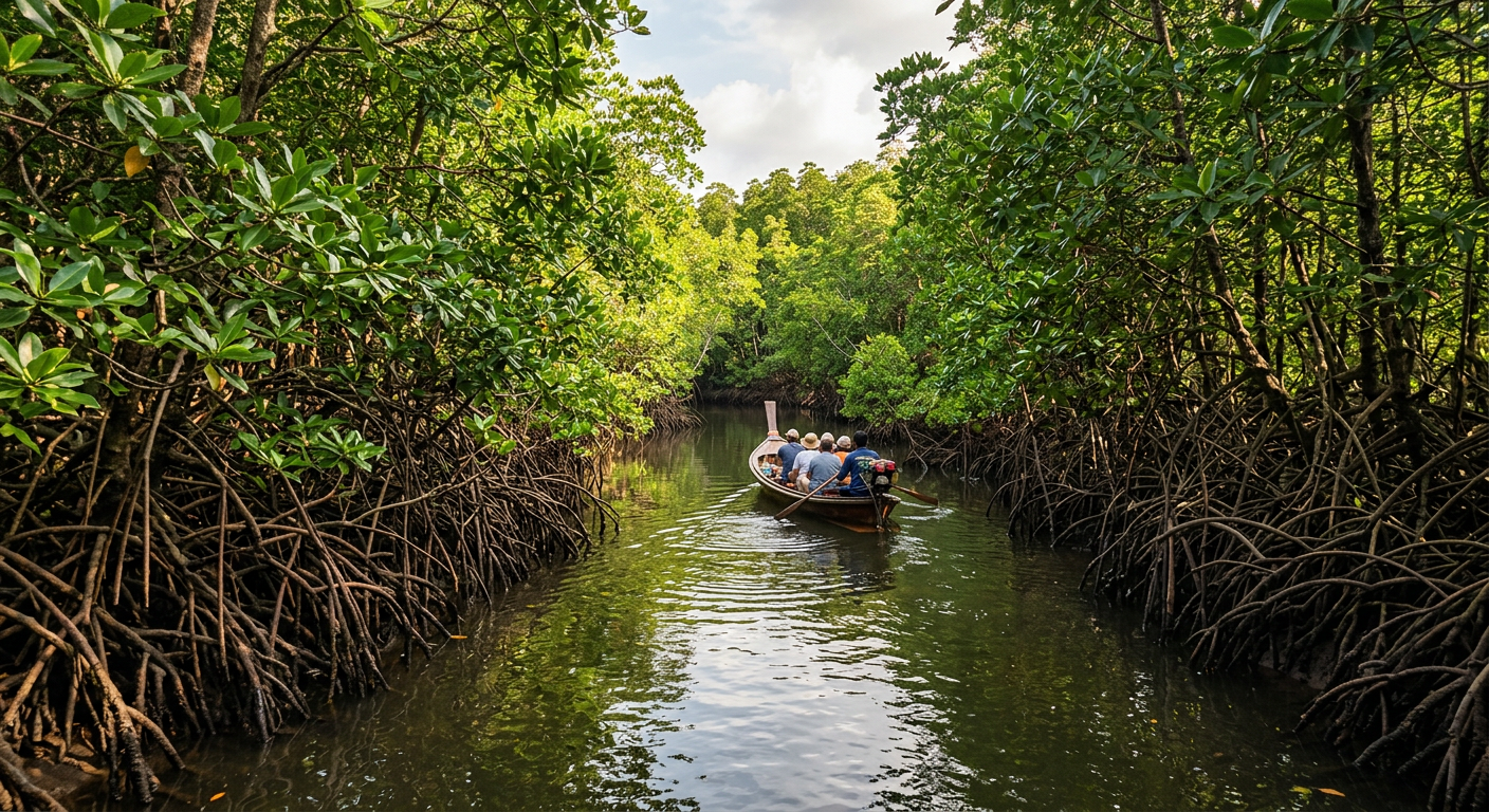 Looking down a narrow water channel surrounded by dense green mangrove roots