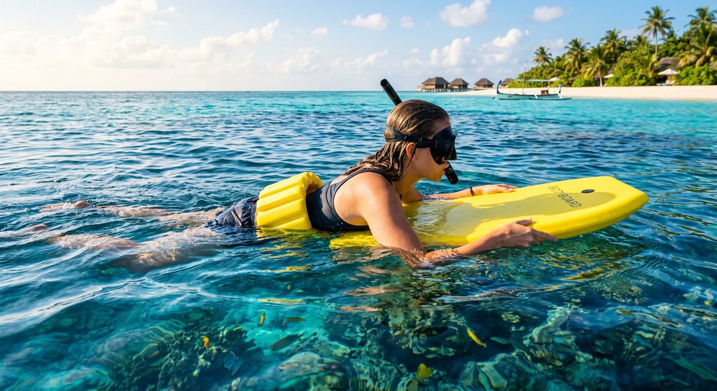 A person wearing a snorkeling mask and yellow floatation belt gripping a foam board in blue water