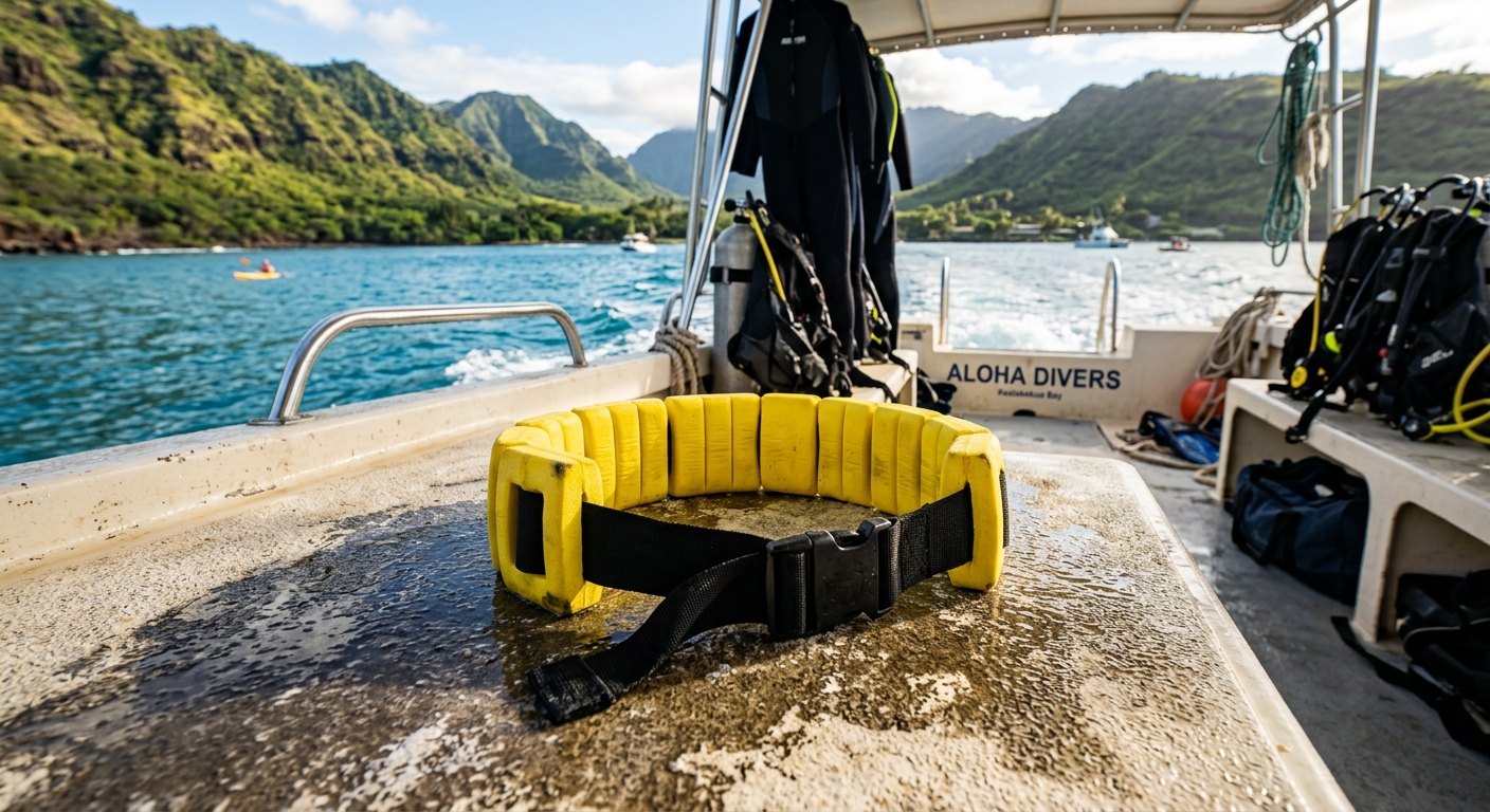 A bright yellow foam buoyancy belt resting on the wet fiberglass deck of a Hawaiian dive boat