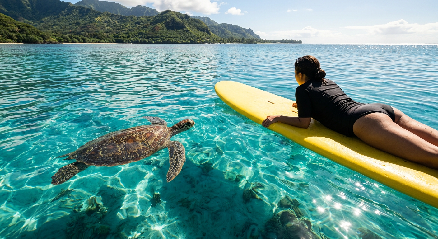 A green sea turtle swimming peacefully next to a stationary person on a yellow floatation board in clear blue water