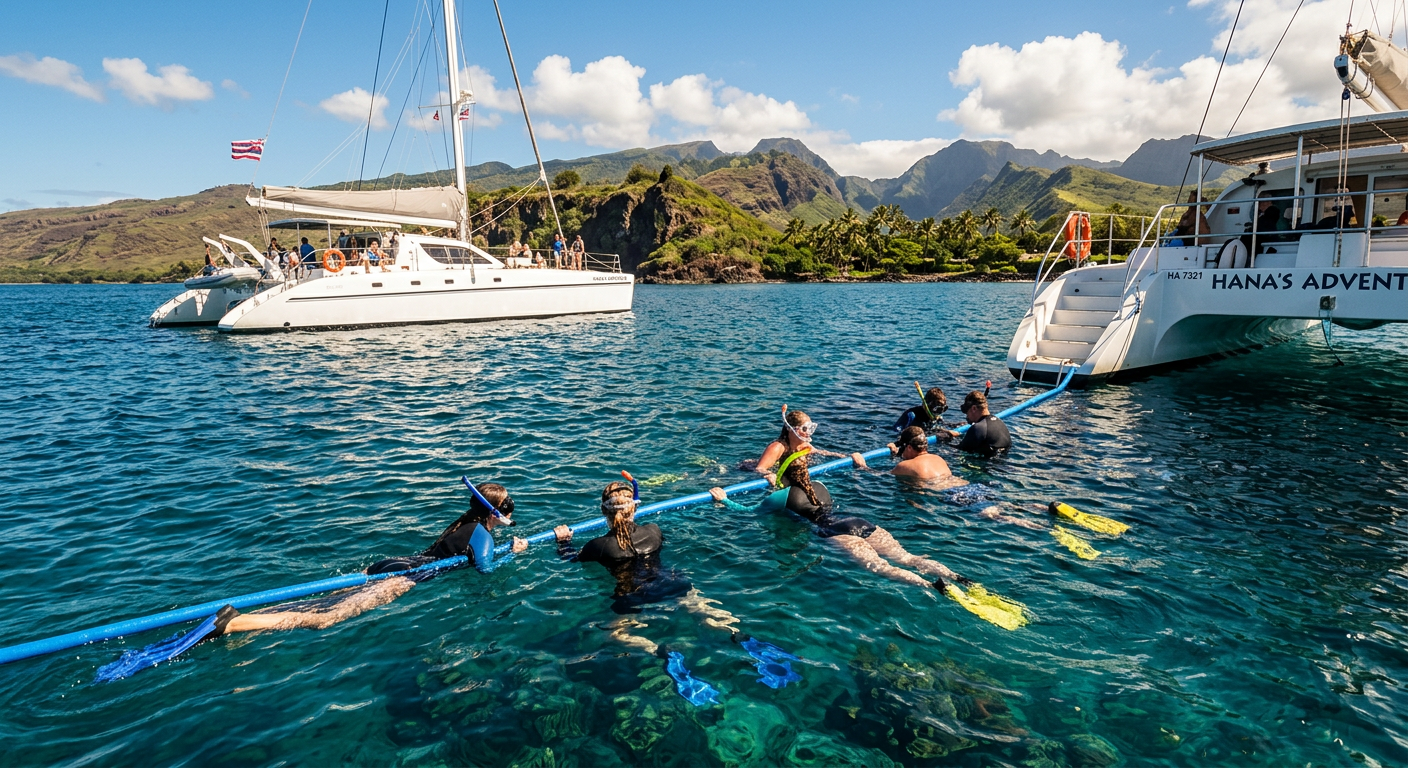 Snorkelers holding a floating line behind a catamaran off the coast of Hawaii