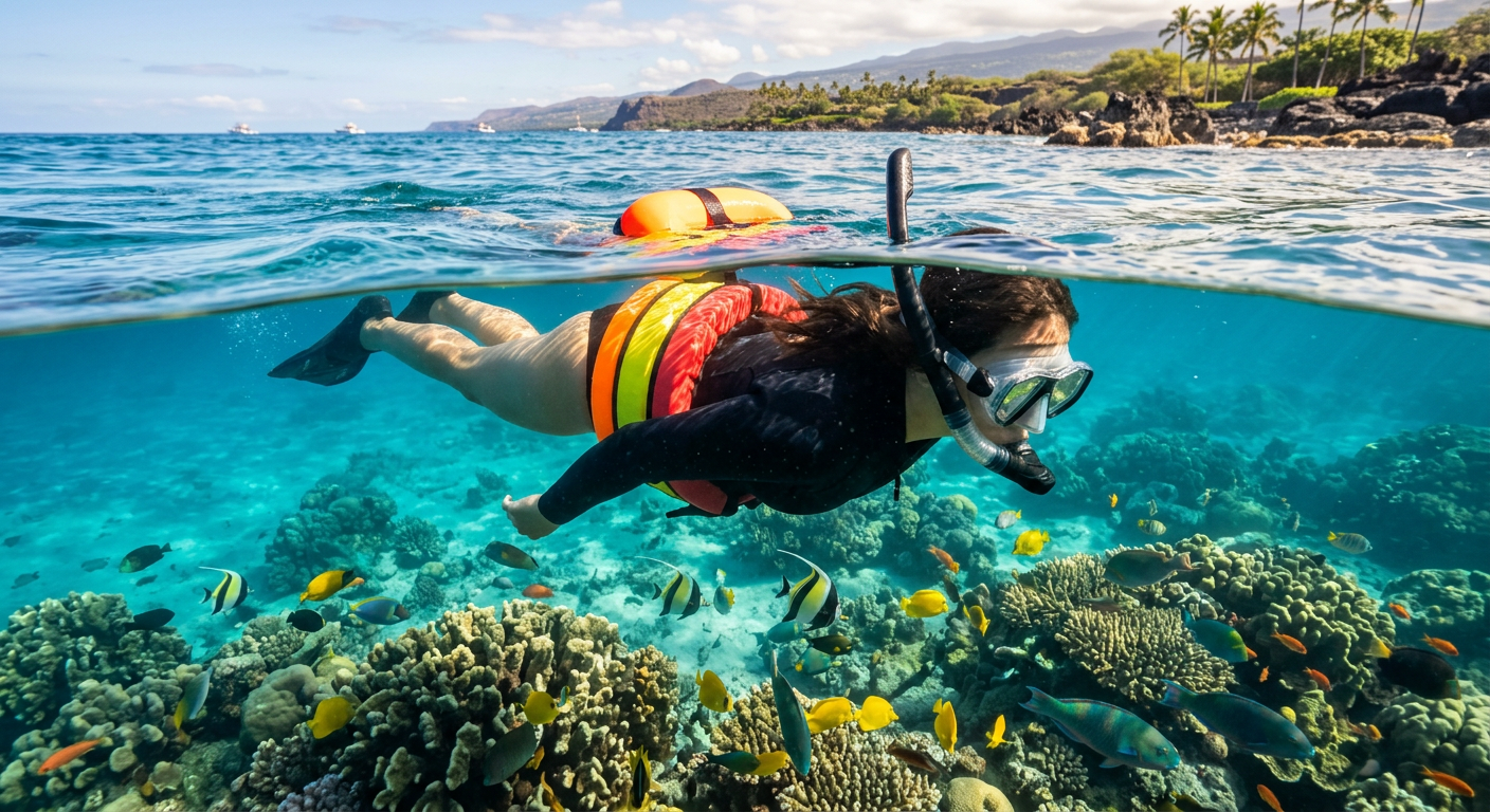 A person wearing a brightly colored flotation belt peering through a snorkel mask in clear blue Hawaiian waters