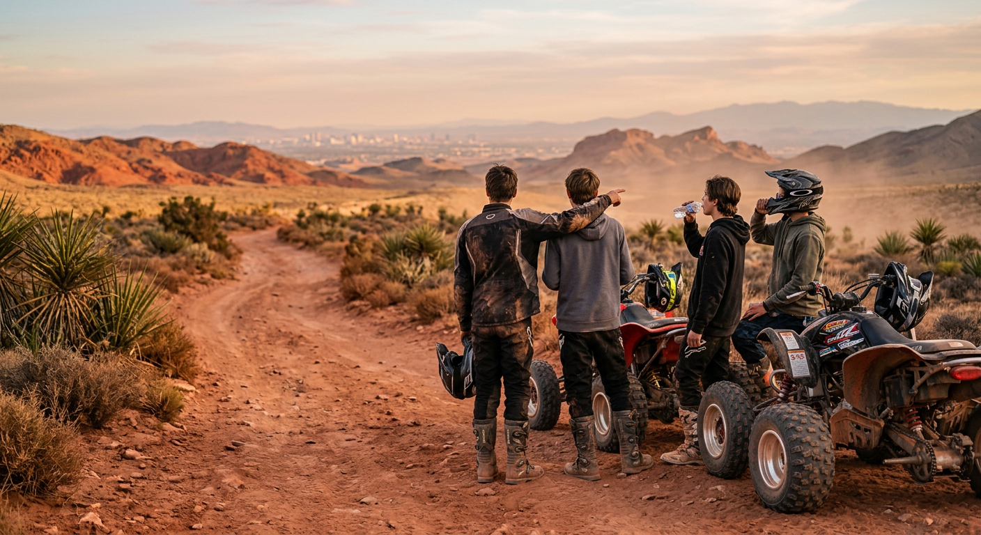 Teenagers taking a break from riding ATVs on a dusty red desert trail outside Las Vegas