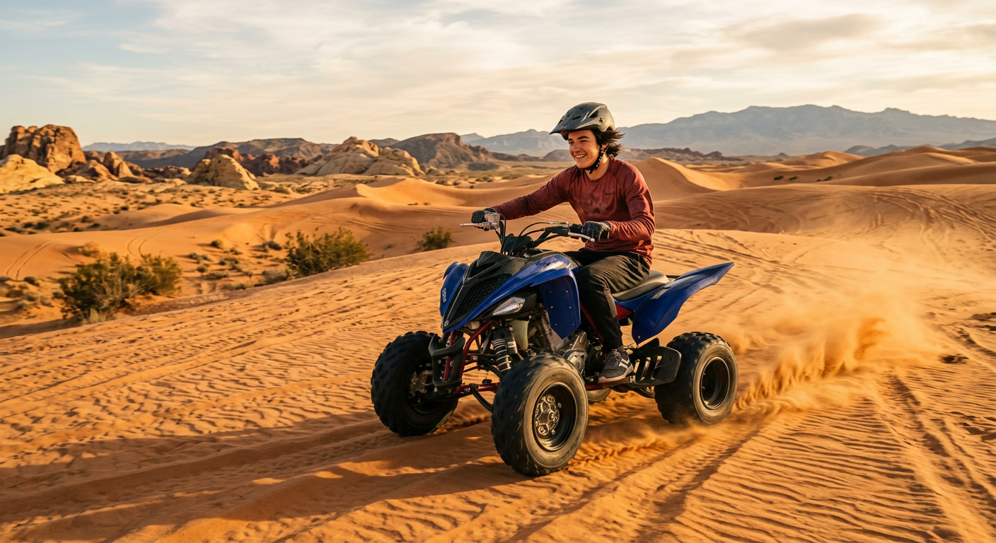 A smiling teenager driving a four-wheeler through the dusty dunes of the Nevada desert
