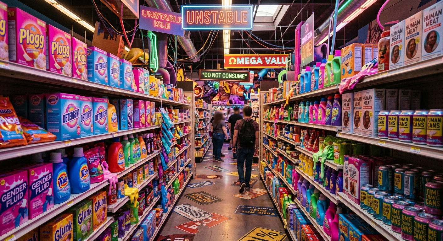 A strangely colorful and distorted grocery store aisle inside Omega Mart in Las Vegas