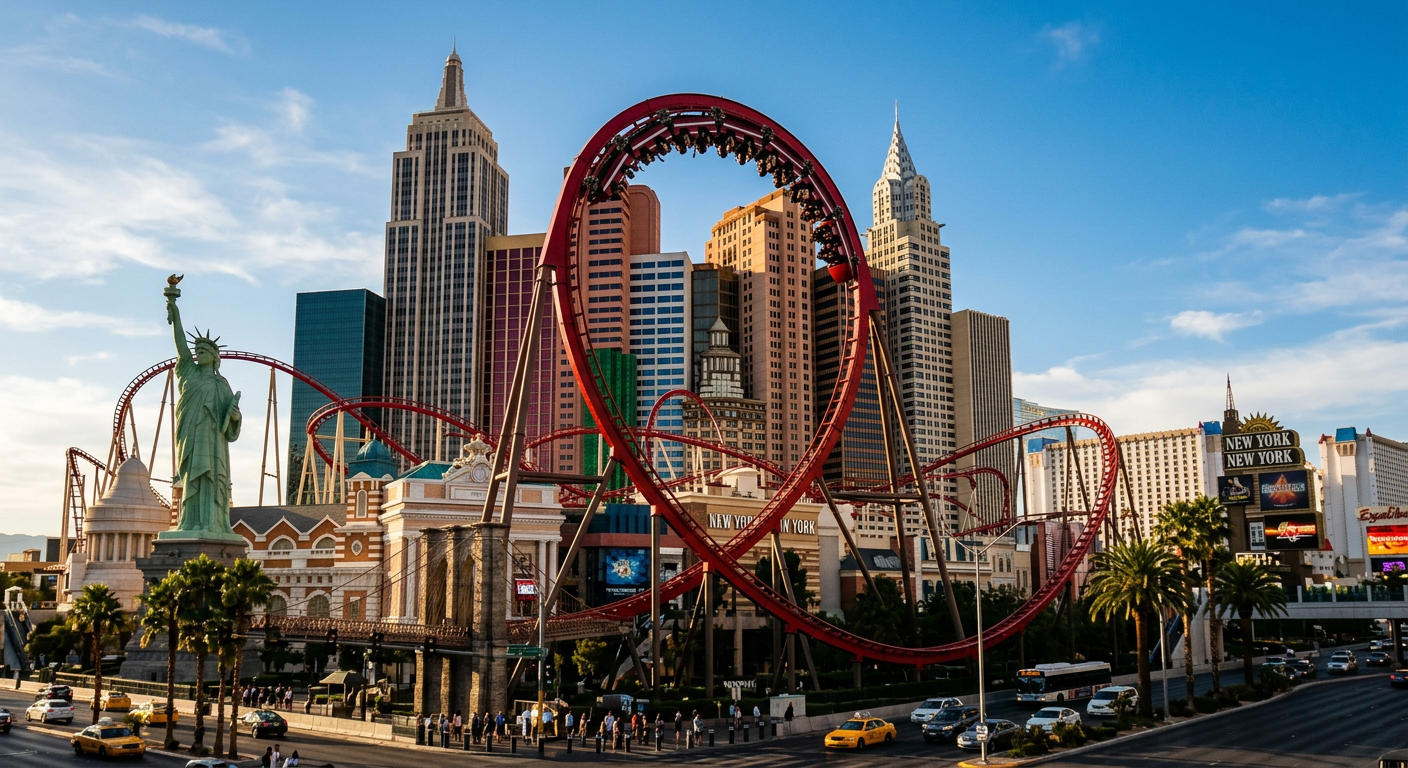 The red track of the Big Apple Coaster looping in front of the New York-New York hotel facade in Las Vegas