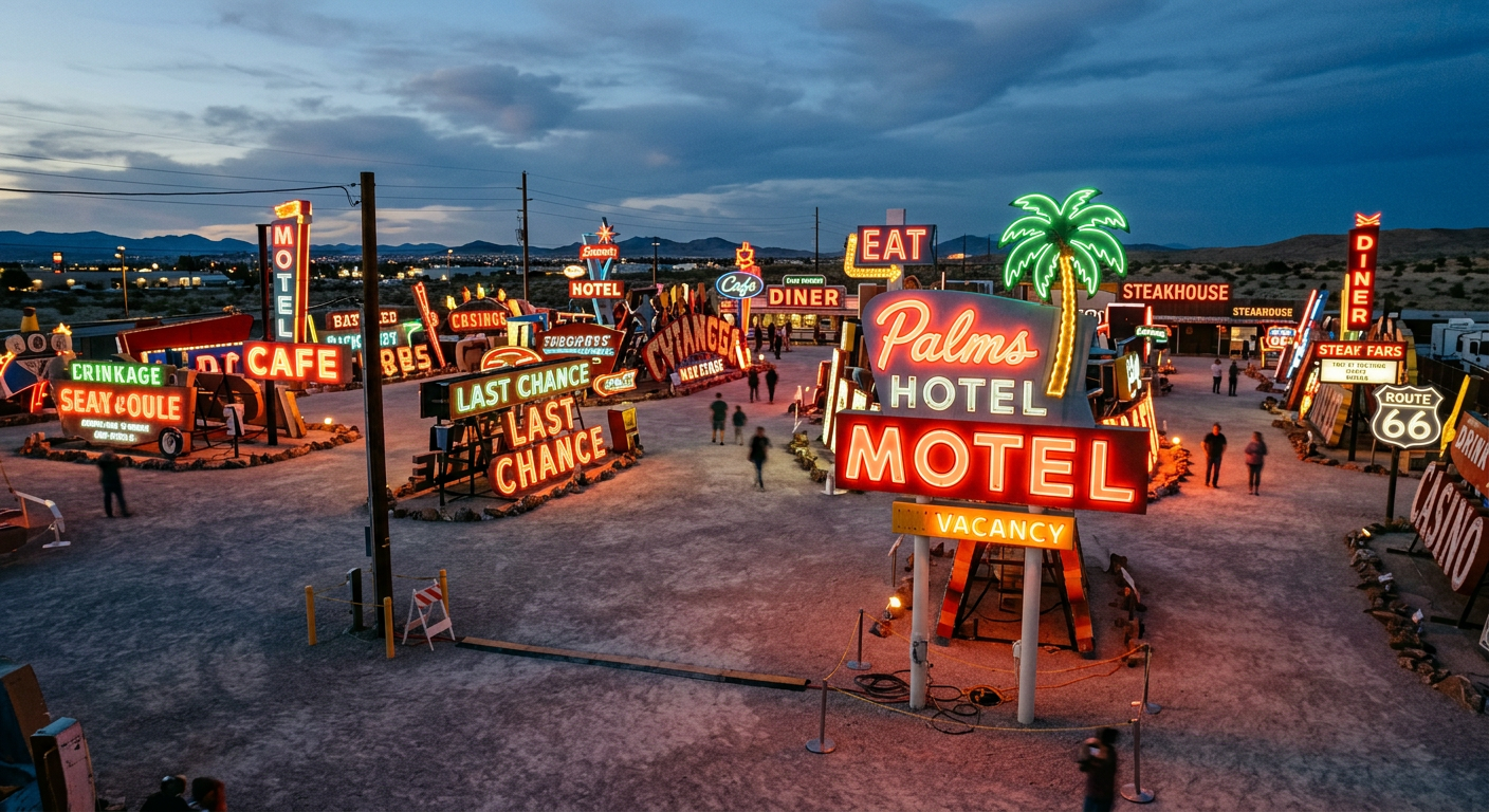 Illuminated vintage neon signs scattered across a gravel lot at dusk