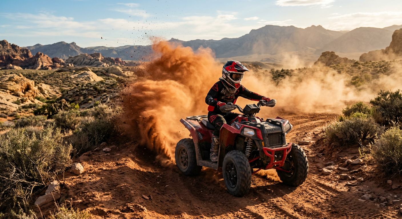 Teenager wearing a helmet and goggles kicking up red dust on a desert ATV trail in Nevada