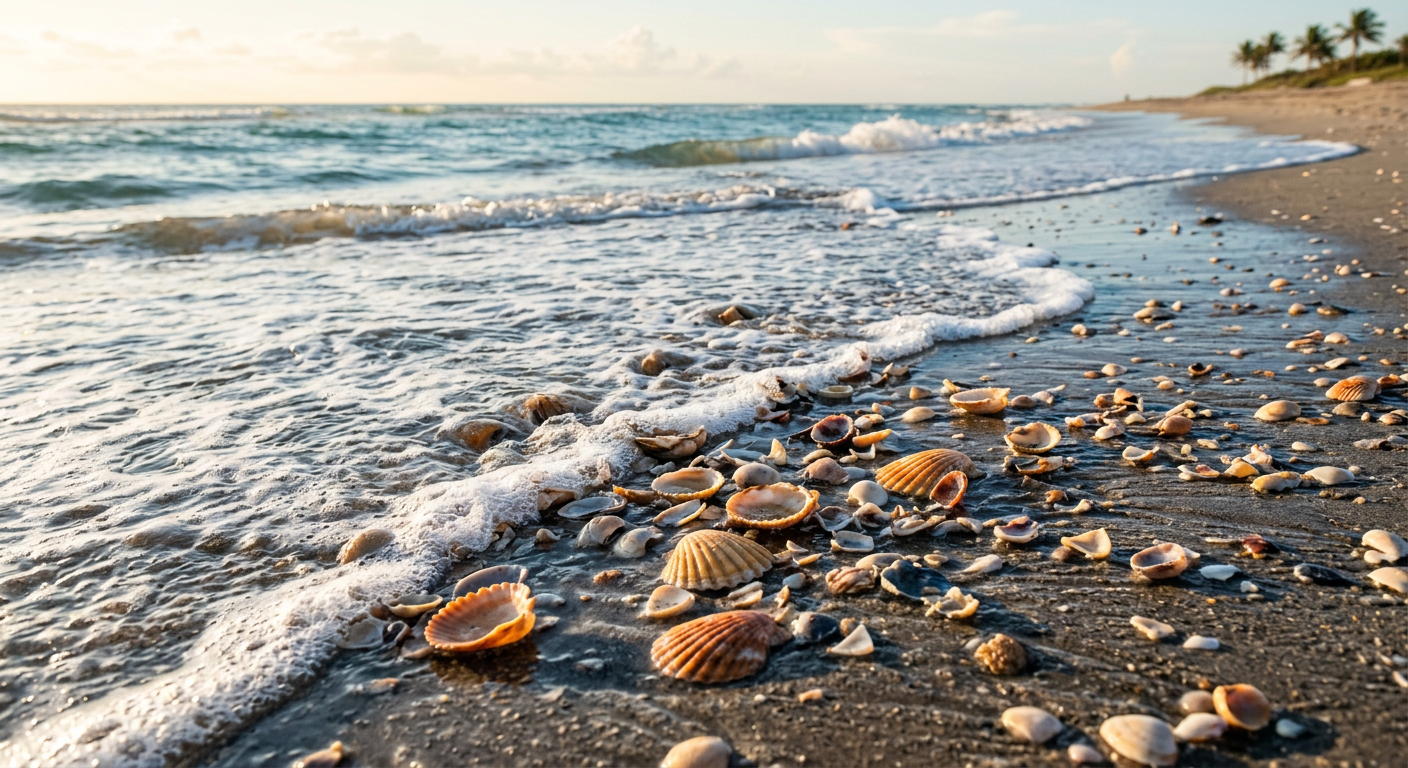 Waves washing over scattered broken clam and scallop shells on the wet sand in South Florida