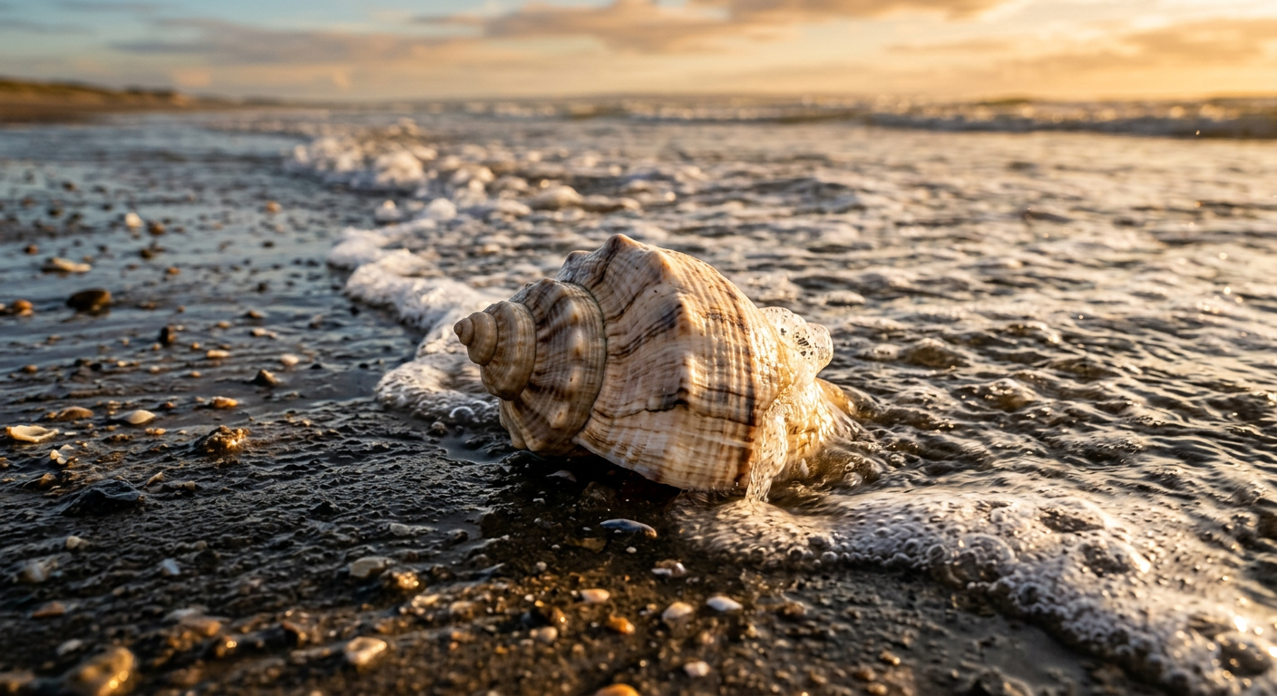 A wet lightning whelk resting against muddy sand as small waves wash over it