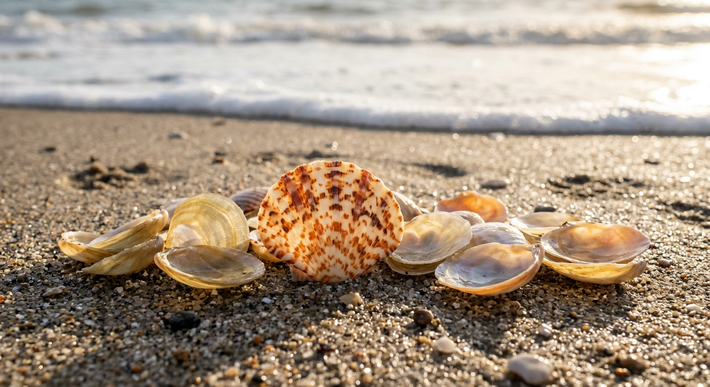 Close up of a patterned calico scallop and translucent jingle shells washed ashore on wet sand