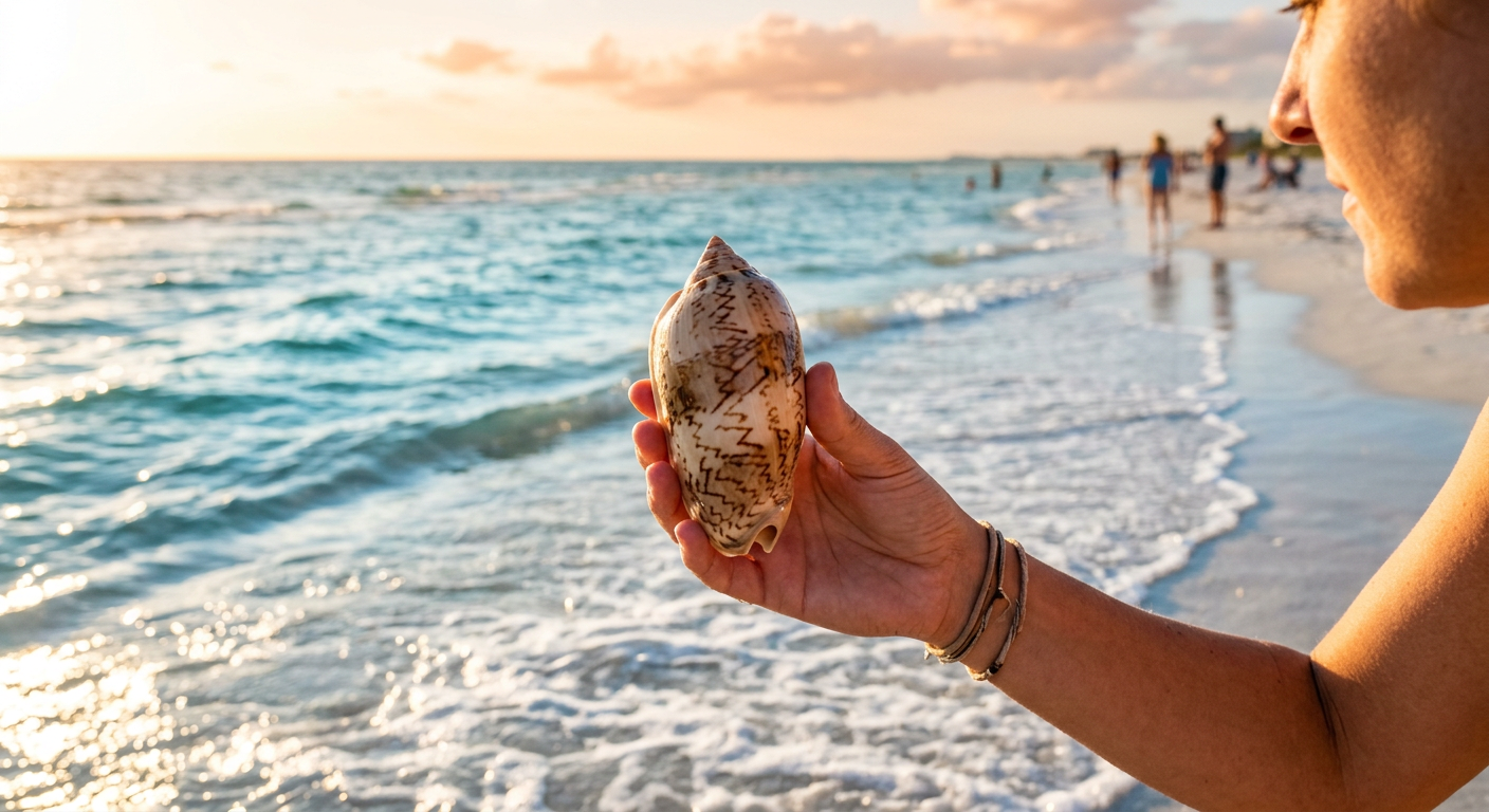 A person holding a glossy lettered olive shell harvested from the shallow Gulf surf
