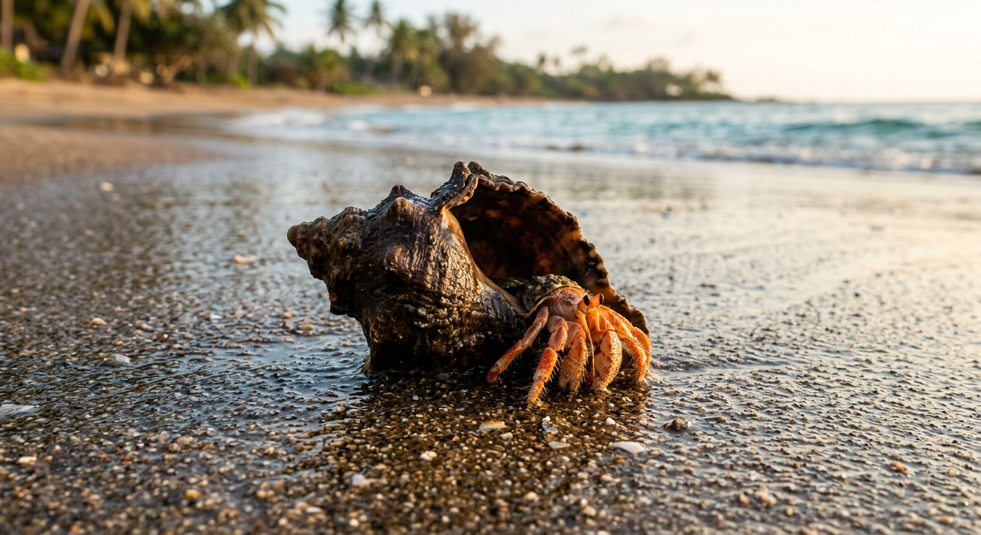 A small hermit crab claw extending from a dark brown whelk shell resting on wet sand