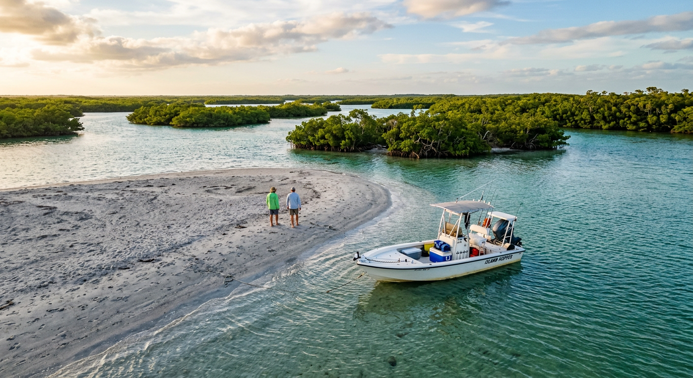 Small motorized boat anchored near a gray sandbar in the Ten Thousand Islands, Florida