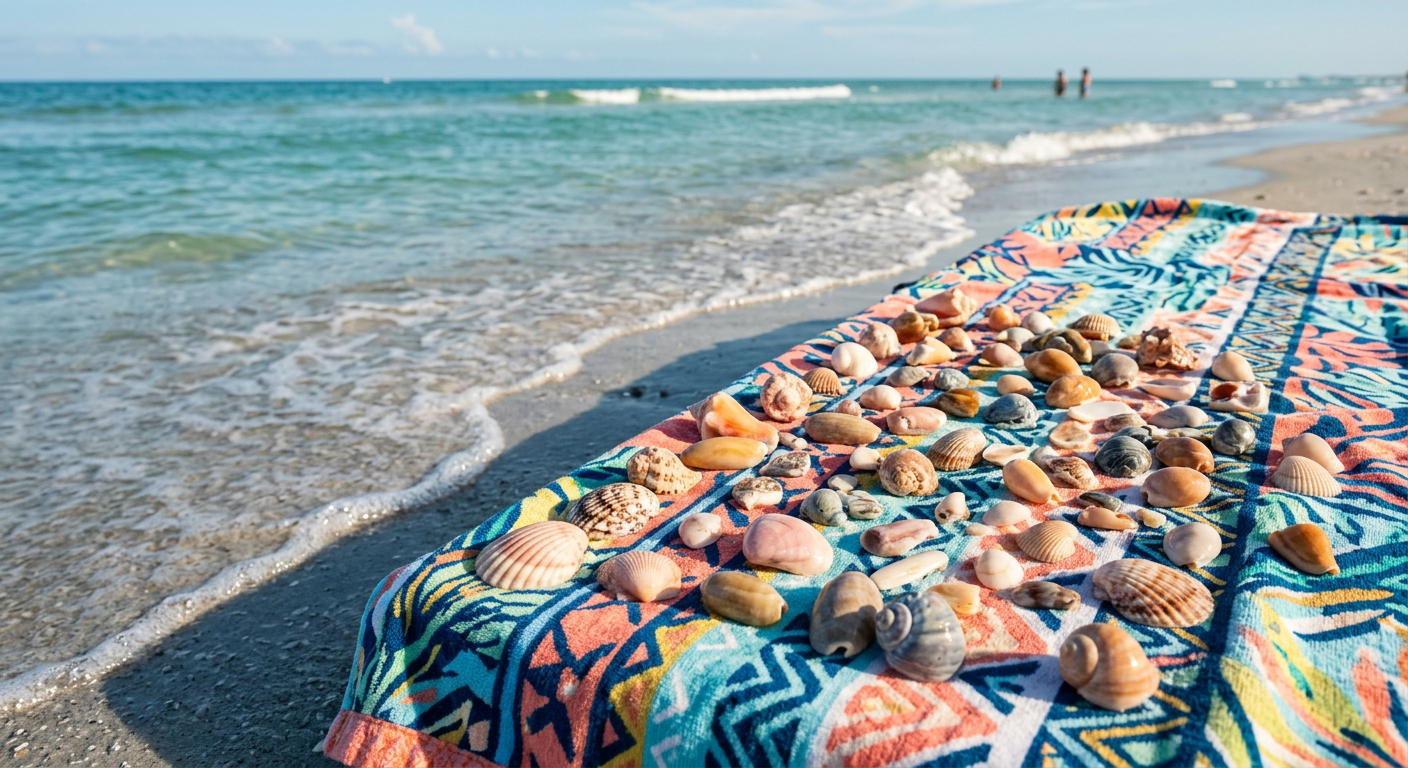 A colorful array of freshly cleaned seashells laid out to dry on a brightly patterned beach towel next to the Gulf water