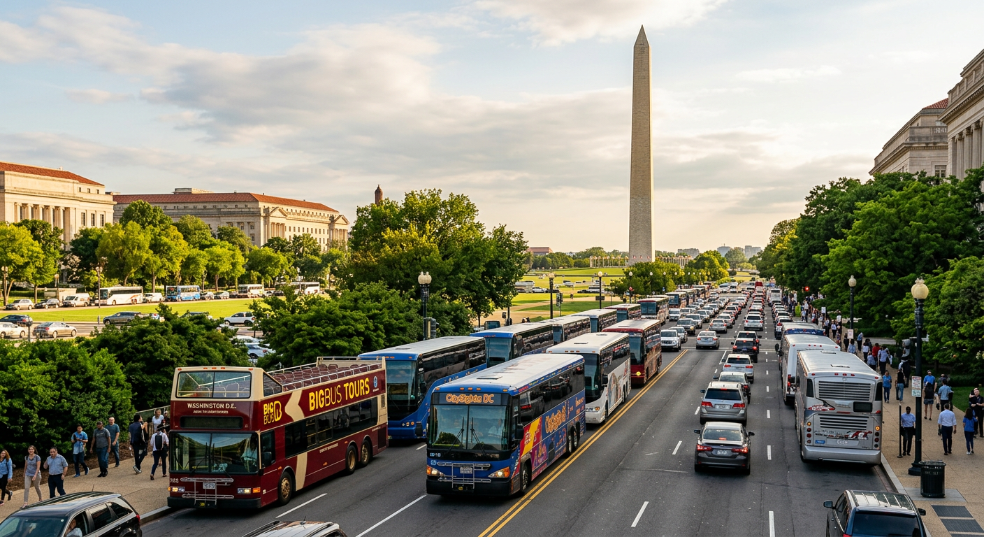 A row of idling tour buses stuck in traffic on Independence Avenue near the Washington Monument