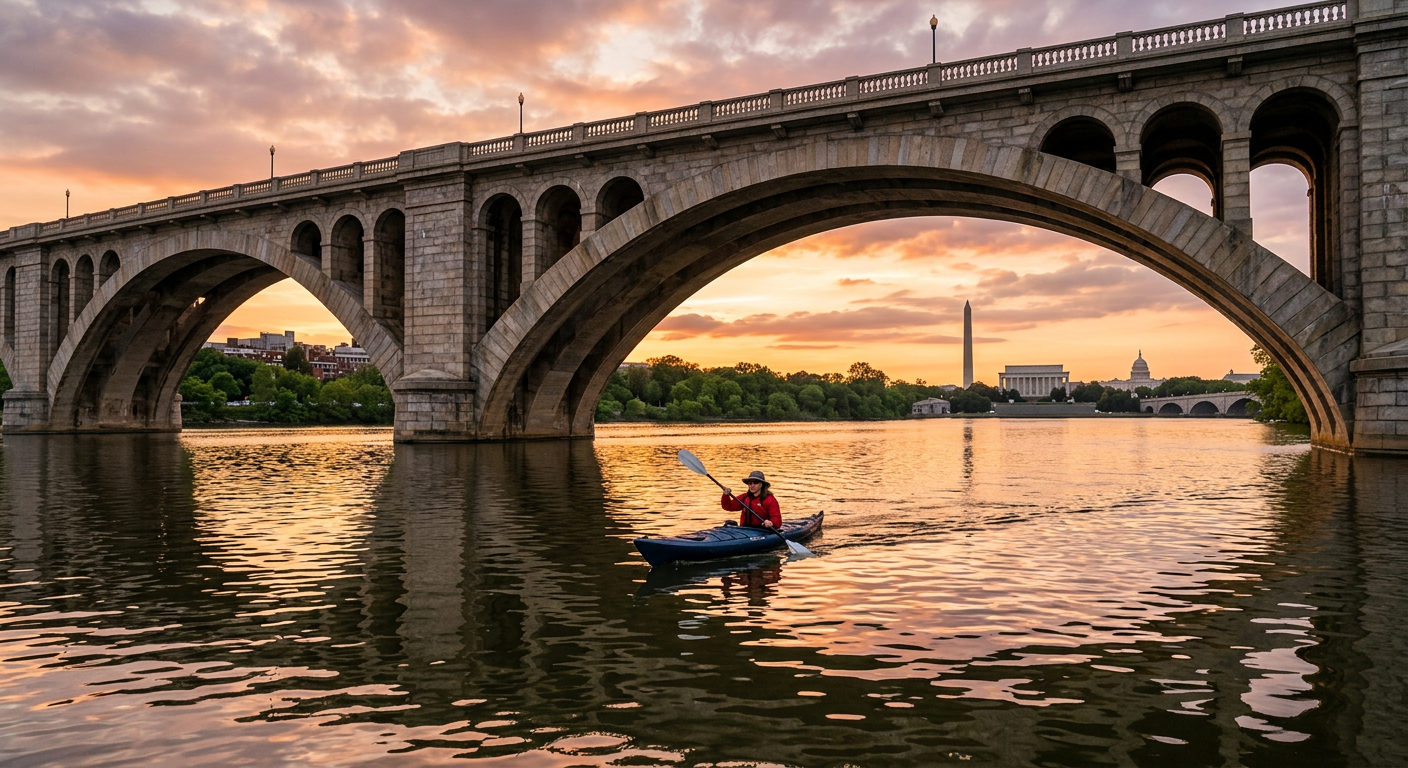 A lone kayaker paddling on the Potomac River beneath a stone bridge in Washington DC