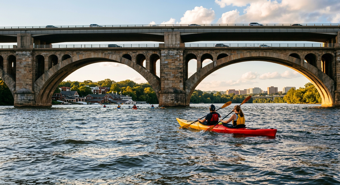 Kayakers paddling across the choppy Potomac River beneath the massive stone arches of the Key Bridge in Washington DC