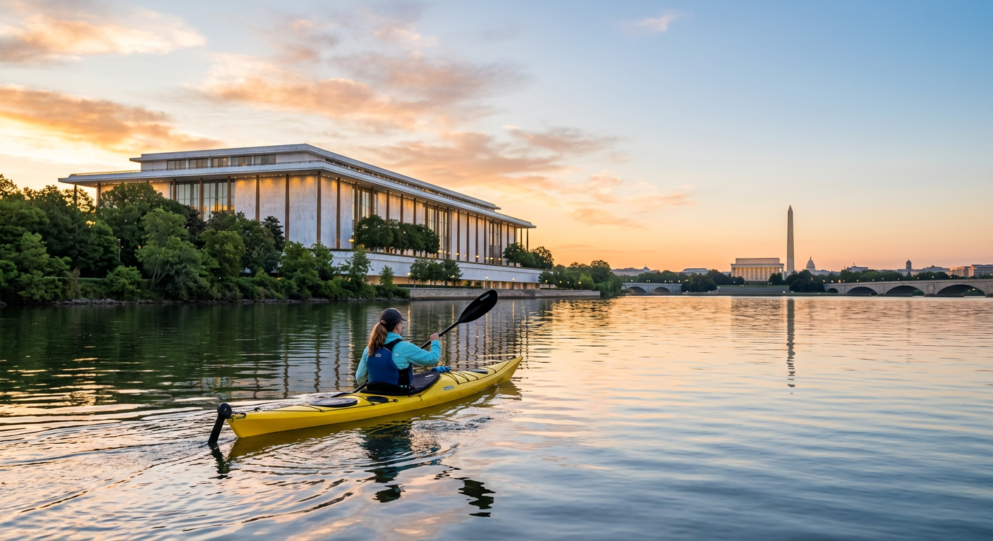 Paddler in a yellow kayak on the smooth Potomac River passing near the Kennedy Center in the early morning light