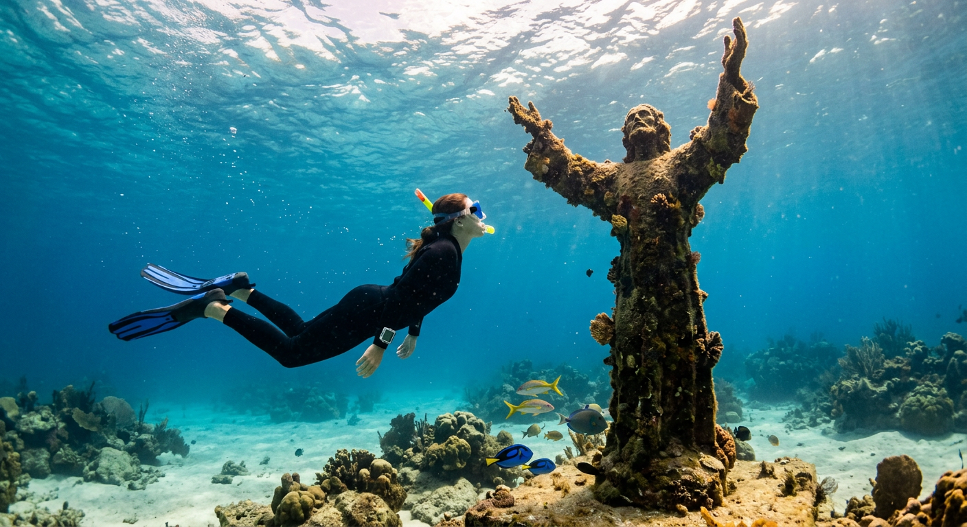 Snorkeler viewing the algae-covered Christ of the Abyss statue underwater in Key Largo