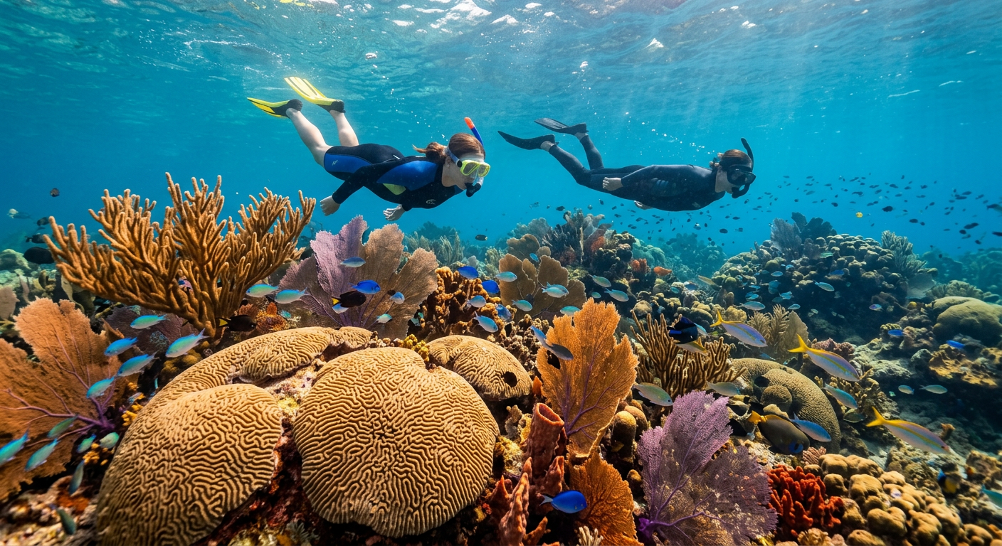Snorkelers swimming over brain coral and sea fans at Key Largo Dry Rocks