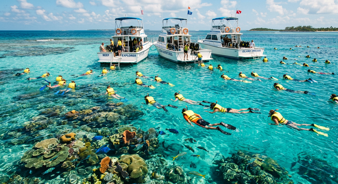 Dozens of snorkelers in bright yellow vests swimming near charter boats over a Florida reef