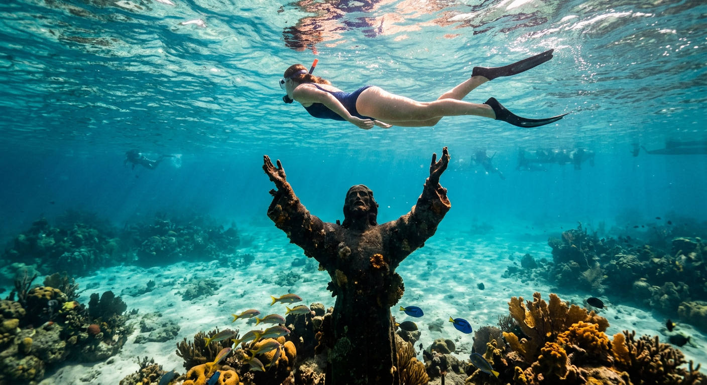 Snorkeler floating above the shadowy bronze Christ of the Abyss statue in Key Largo