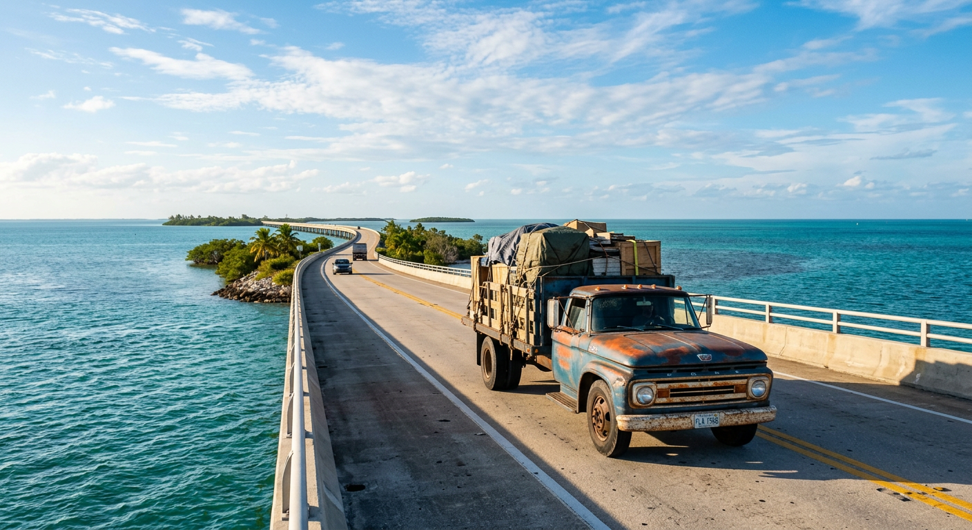 Vintage flatbed truck carrying heavy cargo down the Overseas Highway bordered by ocean water