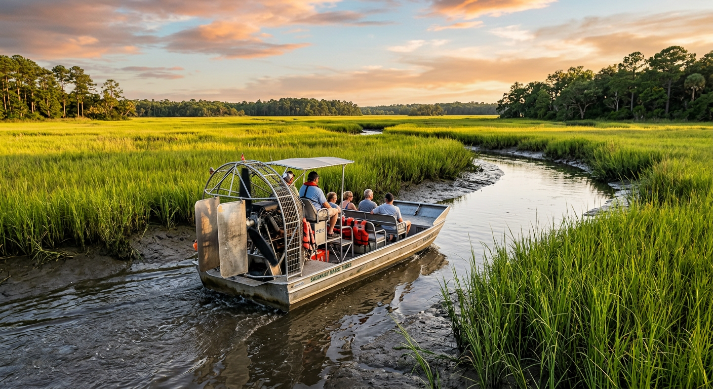 An aluminum airboat navigating shallow muddy tidal creeks lined with tall green cordgrass in Savannah