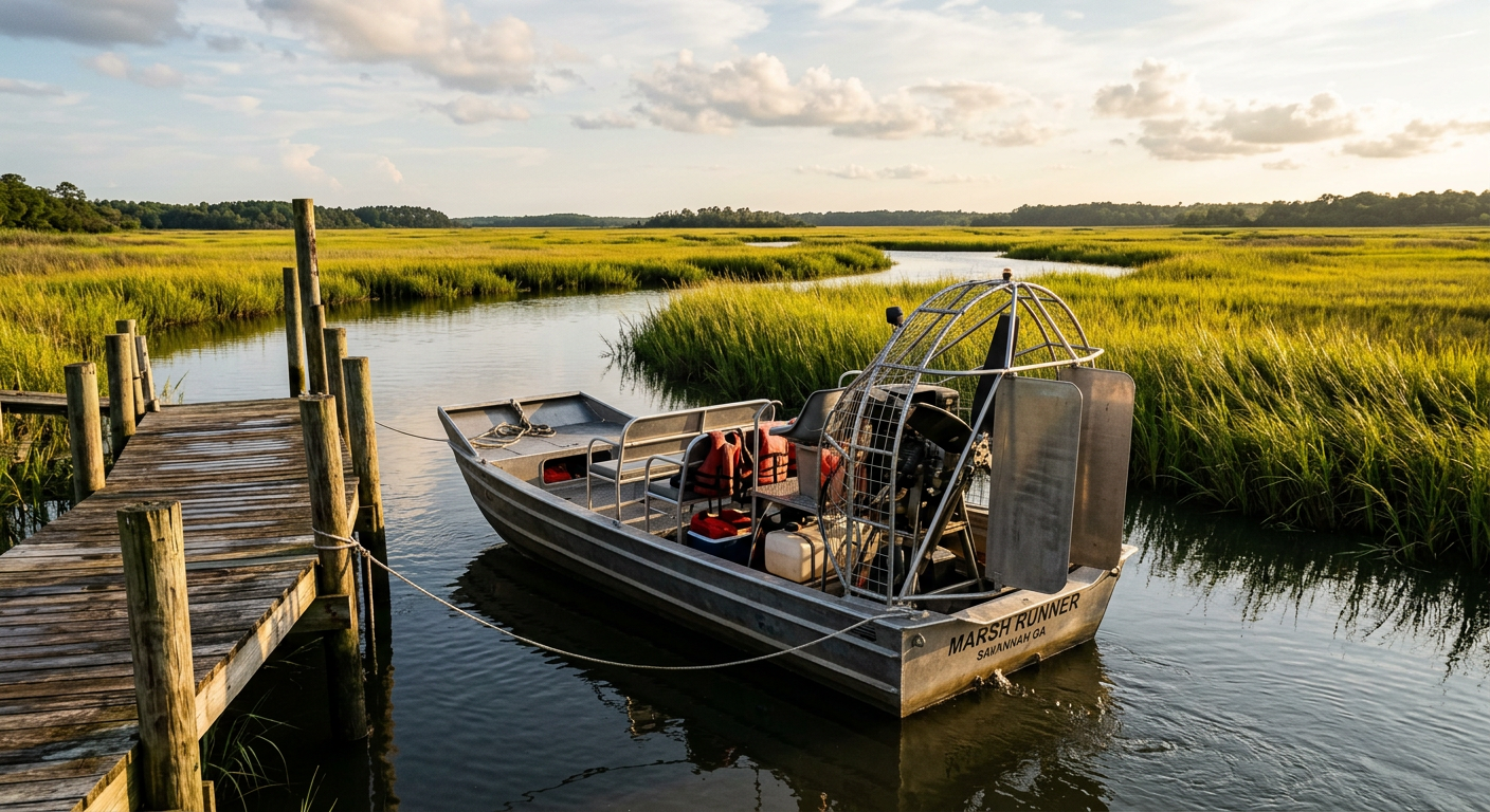 An aluminum airboat idling at a weathered wooden dock surrounded by tall marsh grass near Savannah